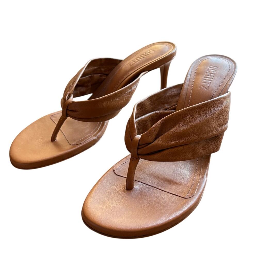 Schutz "Willow" Tan Ruched Leather Thong Style Sandals w Mid Stiletto Heels sz 9 - Picture 14 of 14